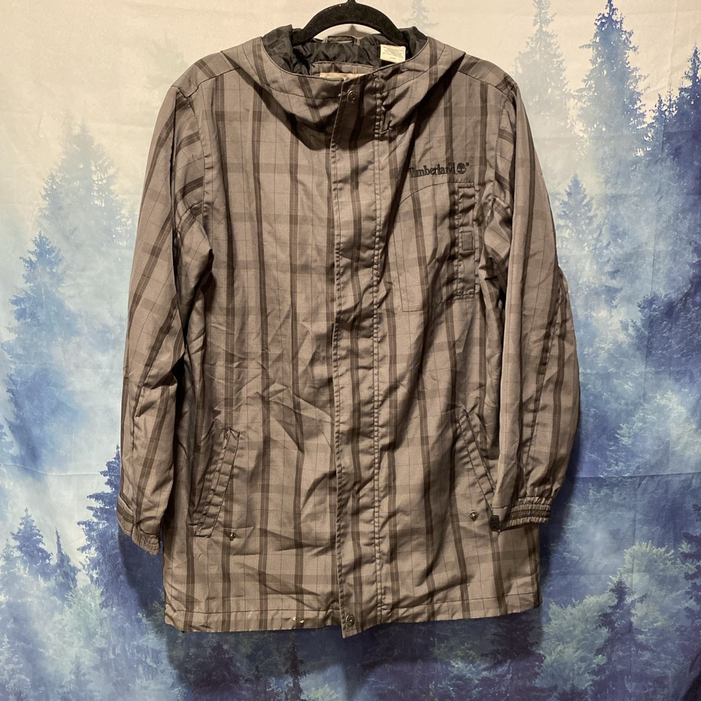 Timberland Grey Black Plaid Zip Up Men'sâ Rain Coat Size Large (16-18)